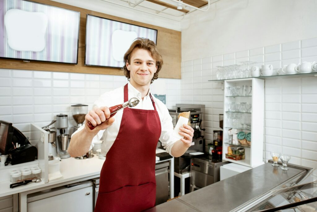 Ice cream seller in the pastry shop