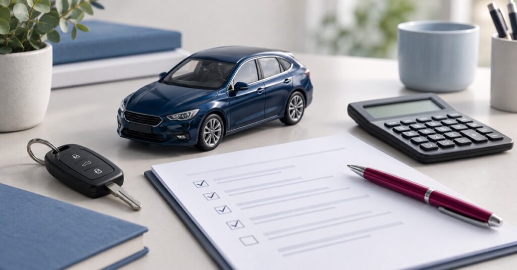 Blaues Modellauto, Autoschlüssel und Checkliste als Symbol für den Kfz-Versicherungscheck