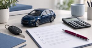 Blaues Modellauto, Autoschlüssel und Checkliste als Symbol für den Kfz-Versicherungscheck