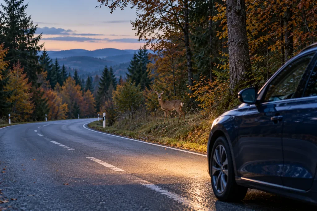Reh am herbstlichen Waldrand neben einer Landstraße; ein Auto hält mit Abstand – Symbolbild zum Wildunfall