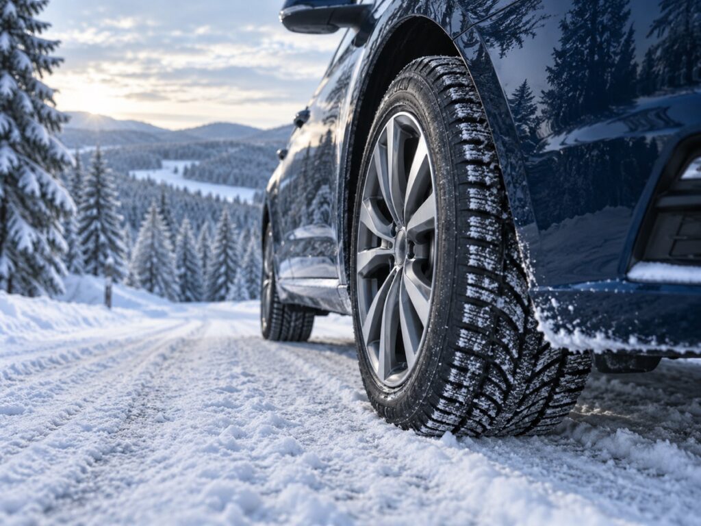 Winterreifen mit profiliertem Reifenprofil an einem dunkelblauen Auto auf verschneiter Straße